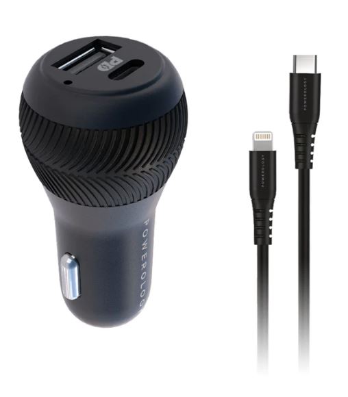Powerology Dual Port Car Charger 32W USB 2.4A + PD 18W with Type-C to Mfi Lighting