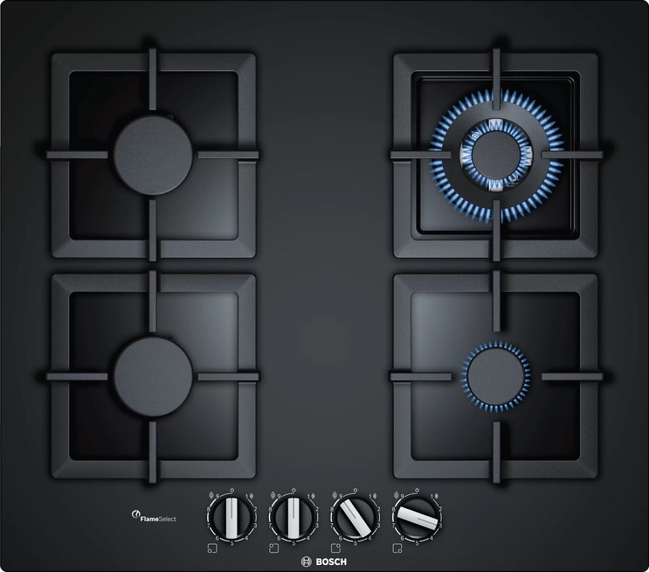 BOSCH PPH6A6B20 Serie | 6 Gas hob 60cm Tempered glass, Black 4 Gas (1 Wok) thick glass automatic ignition