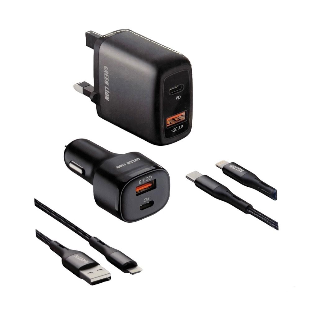 Green Lion 4 in 1 Combo (Home Charger 20W PD+QC / Car Charger 20W PD-QC / Lightning Cable 1.2M 12W / USB-C to Lightning Cable)