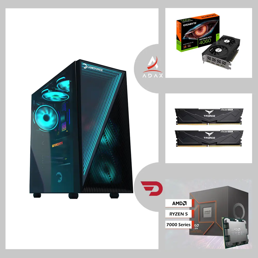 Blaze BL-750A Ryzen 5-7500F, Nvidia GeForce RTX 4060 GPU, 16GB or 32GB DDR5 RAM, 1TB NVMe SSD, Gigabyte A620 Motherboard | Mid Gaming System