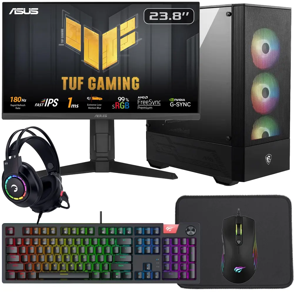 Durmazz Golden Bundle - AMD Ryzen 5 5500 16GB DDR4 RAM 512GB or 1TB SSD Nvidia RTX 4060 & Asus TUF Gaming 23.8" VG249Q3A 180Hz - 1ms Full HD IPS Gaming Monitor & Mechanical Keyboard, Mouse, Mousepad & Headset
