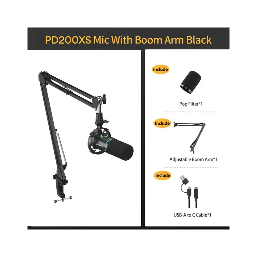 MAONO PD200XS USB/XLR Dynamic Microphone Set with Boom Arm - Black