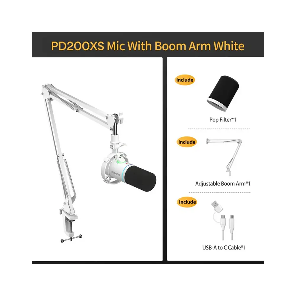 MAONO PD200XS USB/XLR Dynamic Microphone Set with Boom Arm - White