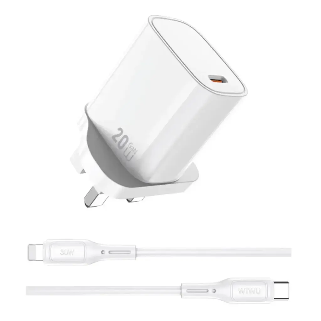 WiWU Wi-G007 GaN 20W Essen Fast Charger+ Type-C to lightning Cable Combo set 