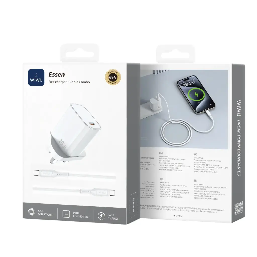 WiWU Wi-G007 GaN 20W Essen Fast Charger+ Type-C to Type-C Cable Combo set