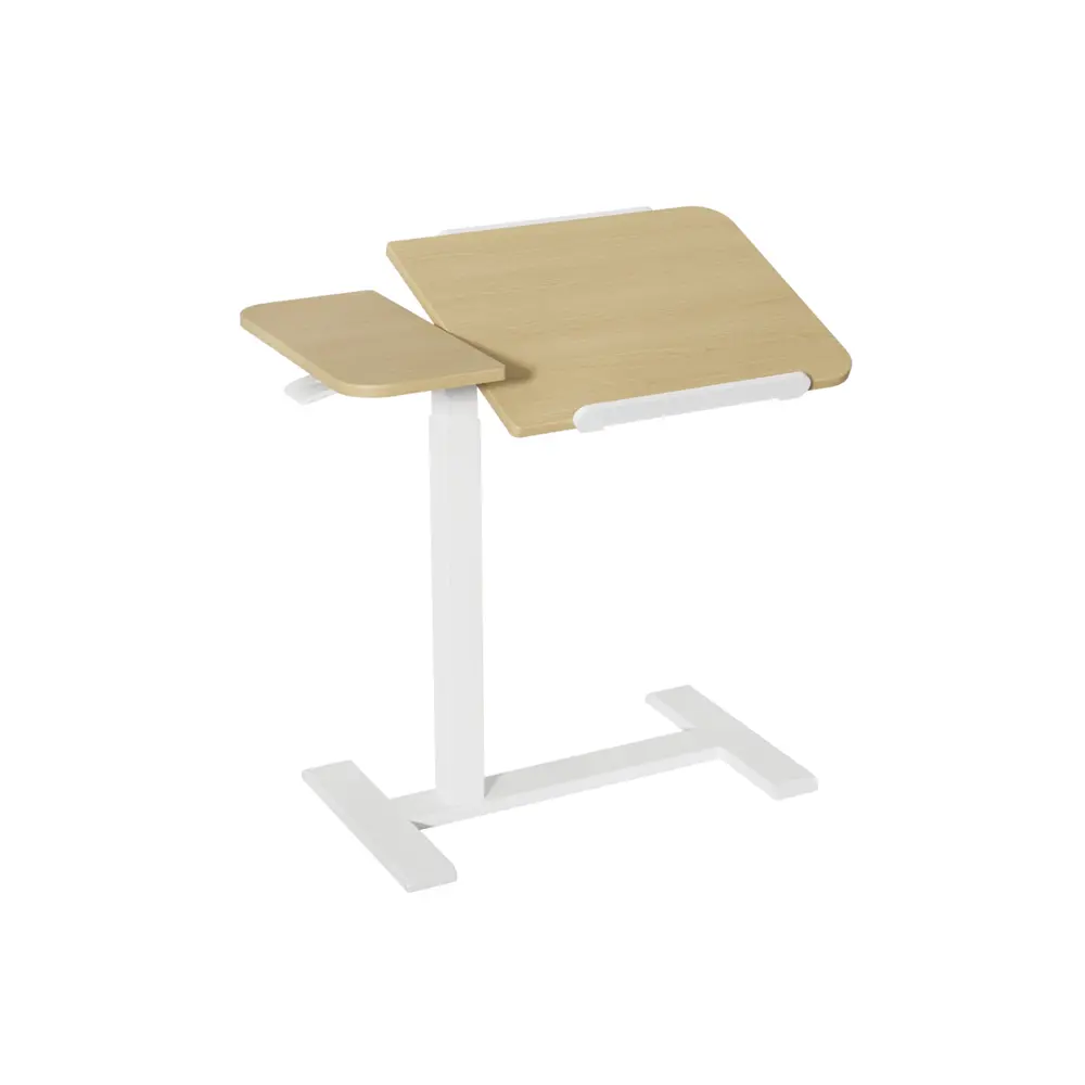 Adax AnyWhere Light Wood with White Frame, Mobile Gas Lift Side Table Adjustable Flip Top Desk with Laptop Holder