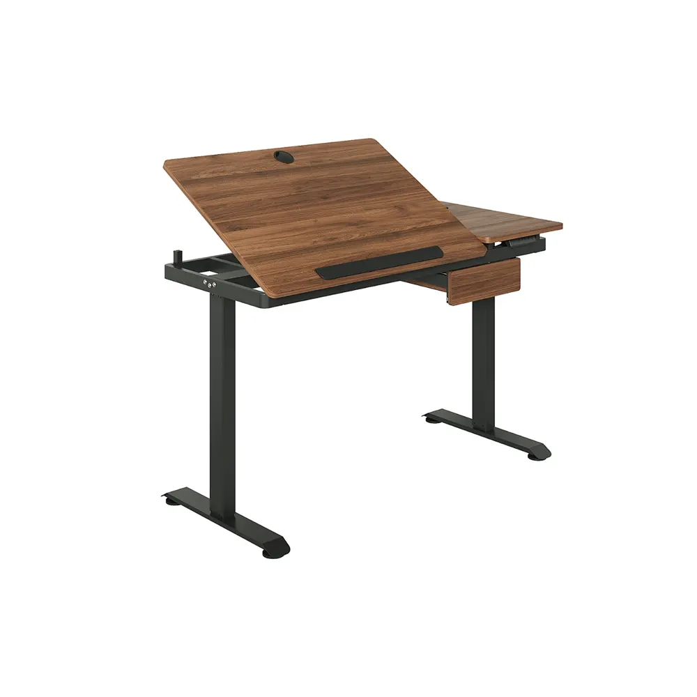 Adax STUDIO Electric Height Adjustable Desk Tilting Desktop with Laptop Holder, Fast Charging & Drawer (1200×600mm, 760–1210mm Height) - Dark Wood Desk (Without Installation)