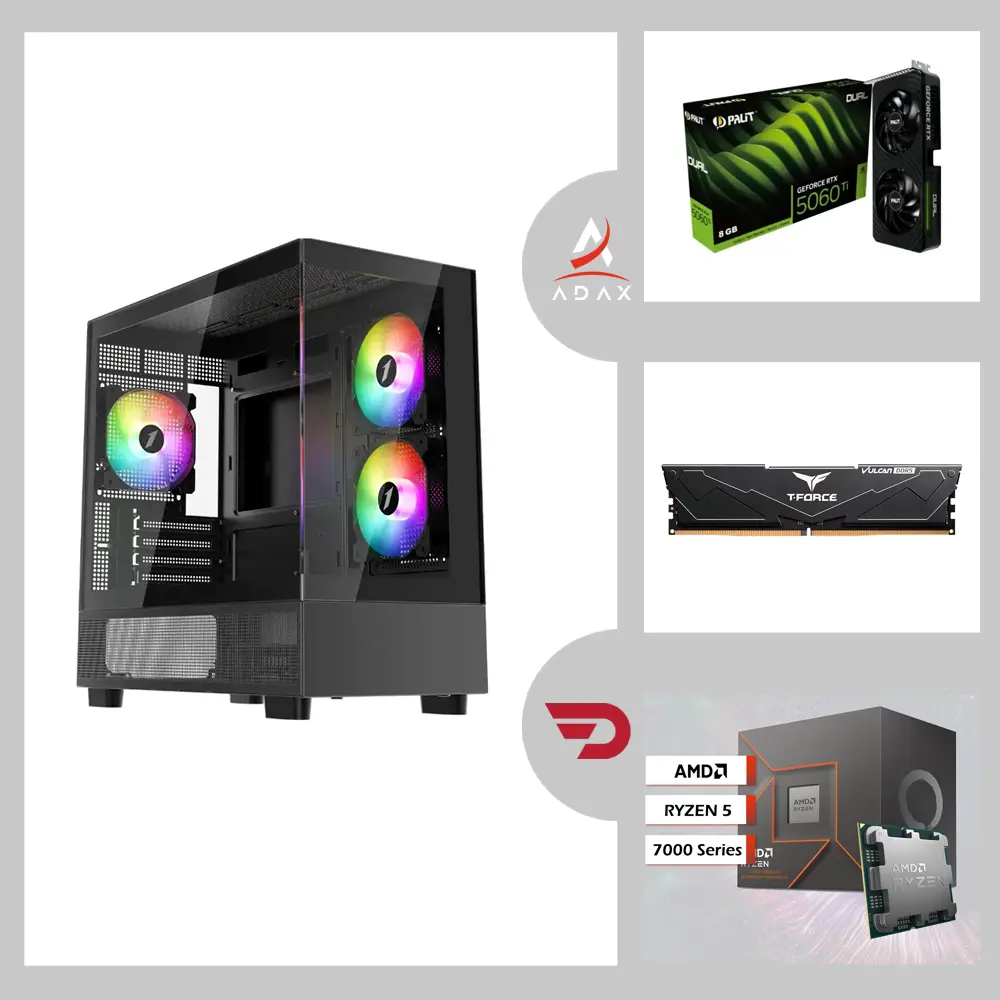 Blaze BL-506TiR Ryzen 5-7600, Nvidia GeForce RTX 5060 Ti 8GB Graphic Card, 16GB DDR5 RAM, 1TB NVMe SSD, ASUS PRIME A620M-K Motherboard | Mid-Range Gaming System