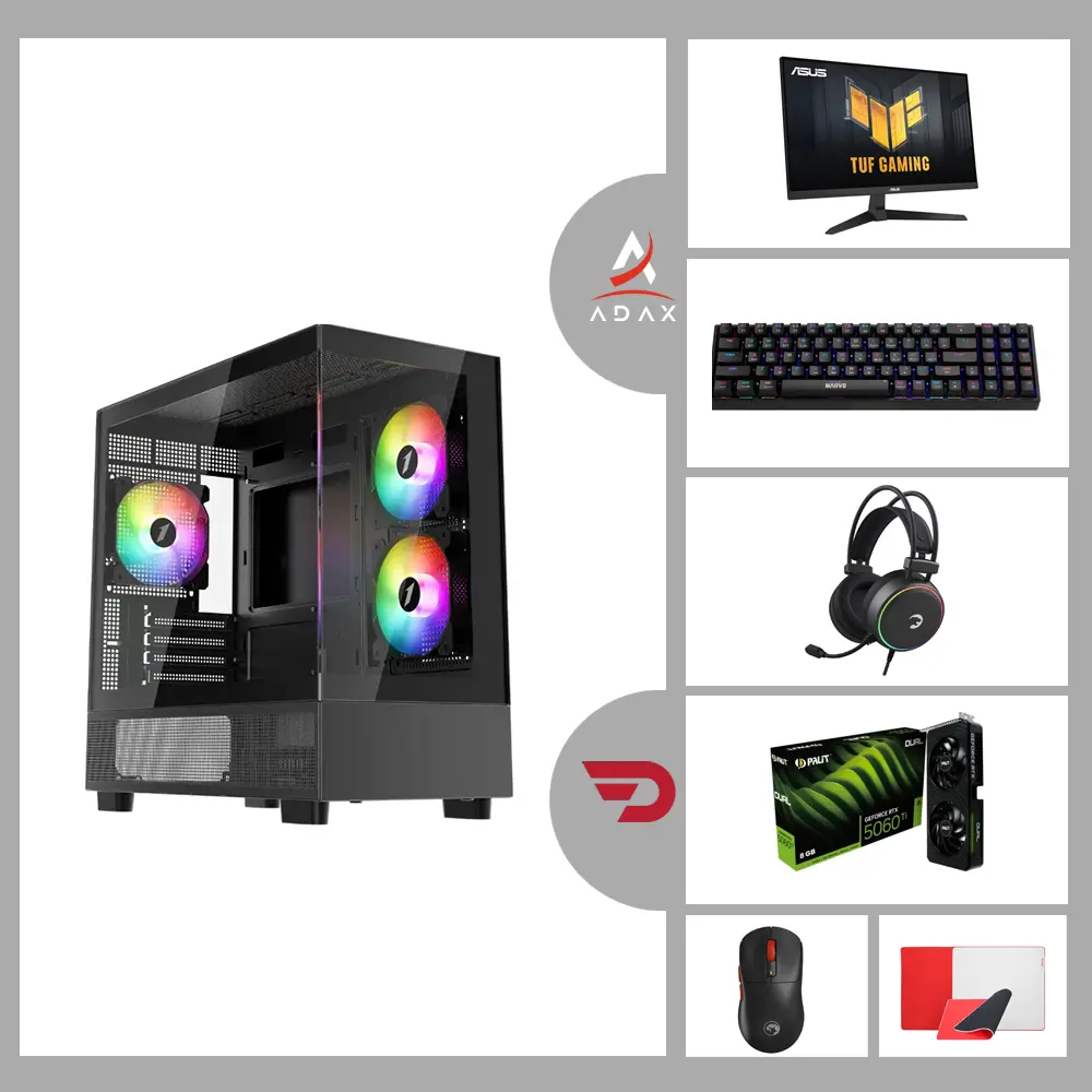 Blaze BL-506TiRBND Ryzen 5-7600, Nvidia GeForce RTX 5060 Ti 8GB, 16GB DDR5 RAM, 1TB NVMe SSD, ASUS PRIME A620M-K | Mid-Range Gaming System Bundle with Asus TUF 27″ 180Hz Monitor, Marvo Mechanical Keyboard & Mouse, GamePower Headset, Monka Mouse Pad