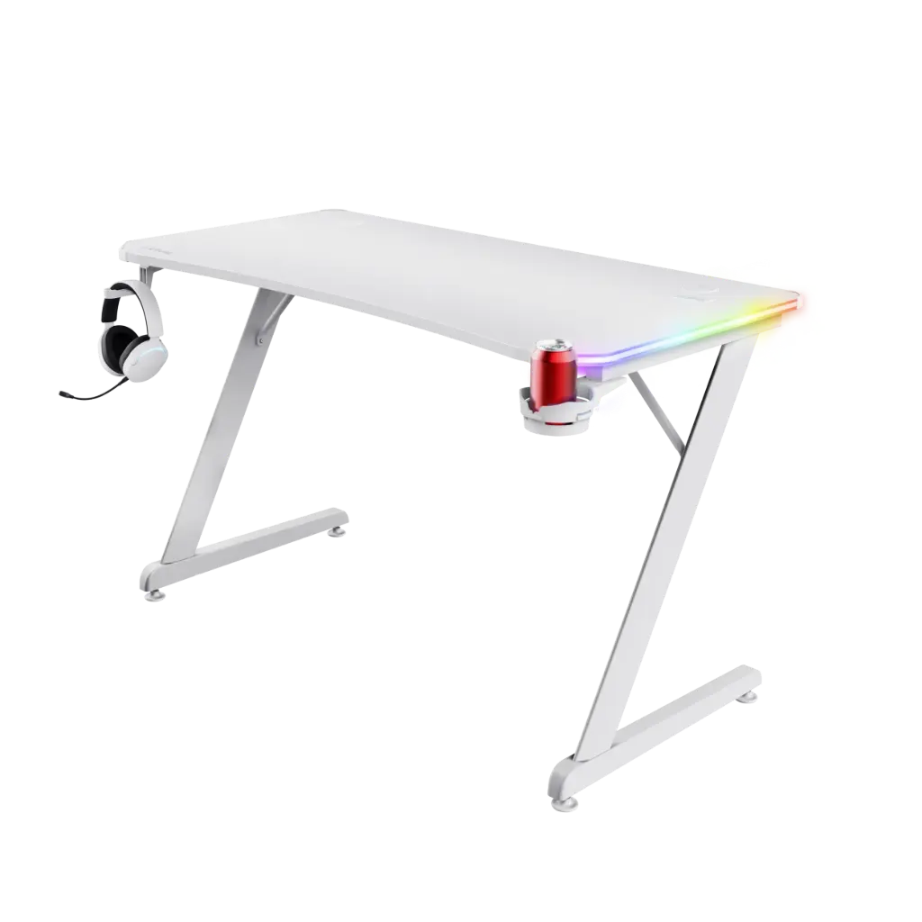 Adax Base Z 120cm Ergonomic Computer Table with Z-Shaped Frame, Cup Holder, Headset Hook, RGB Accent - WHITE Gaming Desk