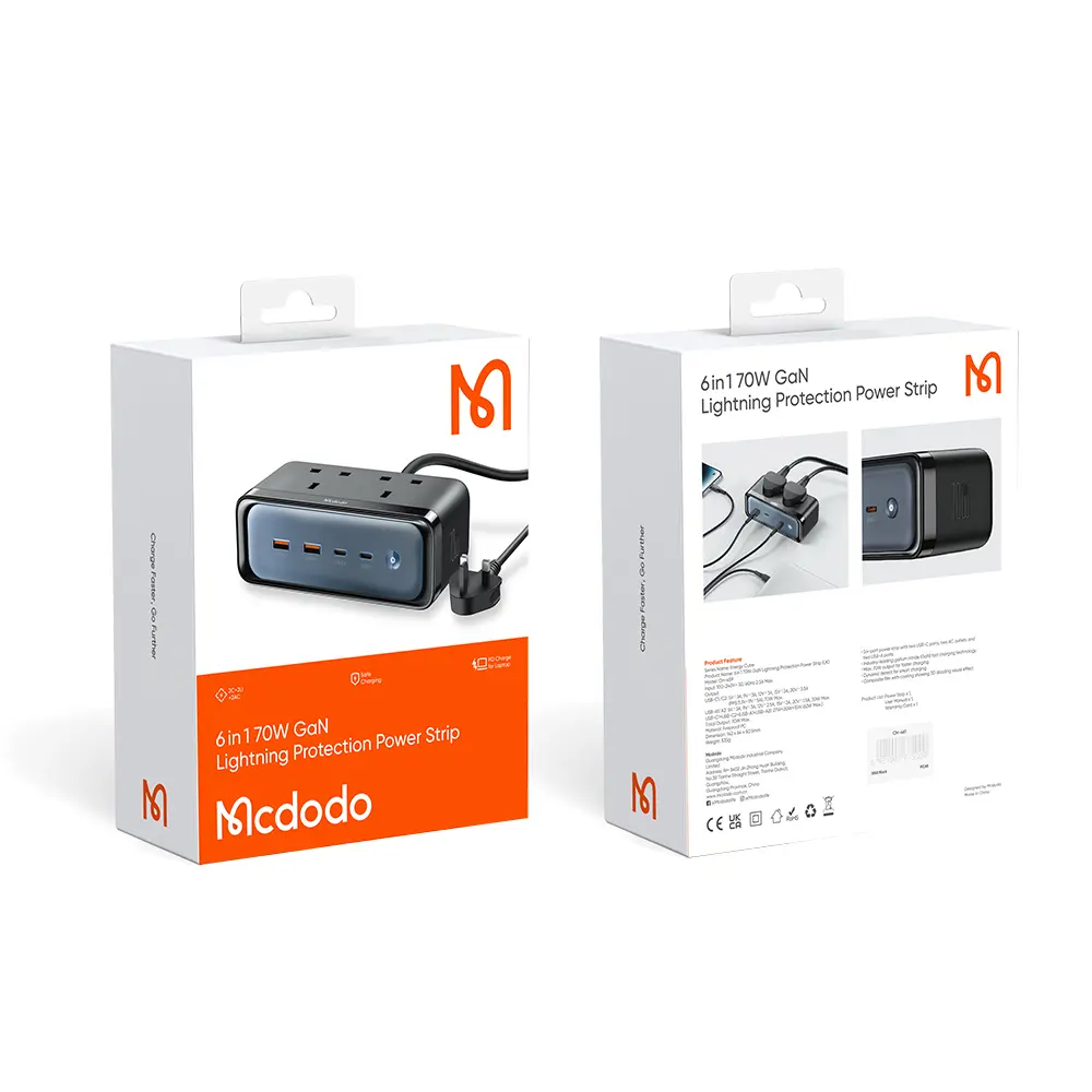 McDodo (6 in 1) 70W 2C+2A+2AC GAN Lightning Protection Black Power Strip (UK)