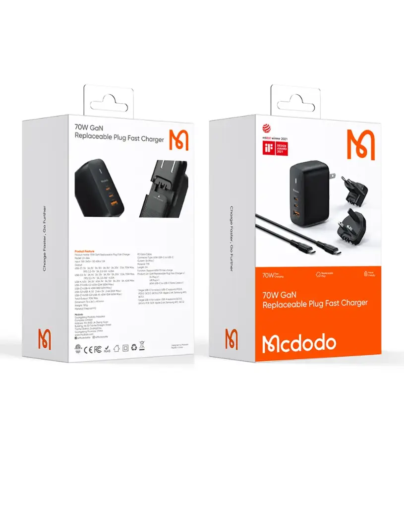 McDodo 70W 2C+1A GAN 5 Black Mini Fast Charger (UK/US/EU)+60W C to C Cable 2m