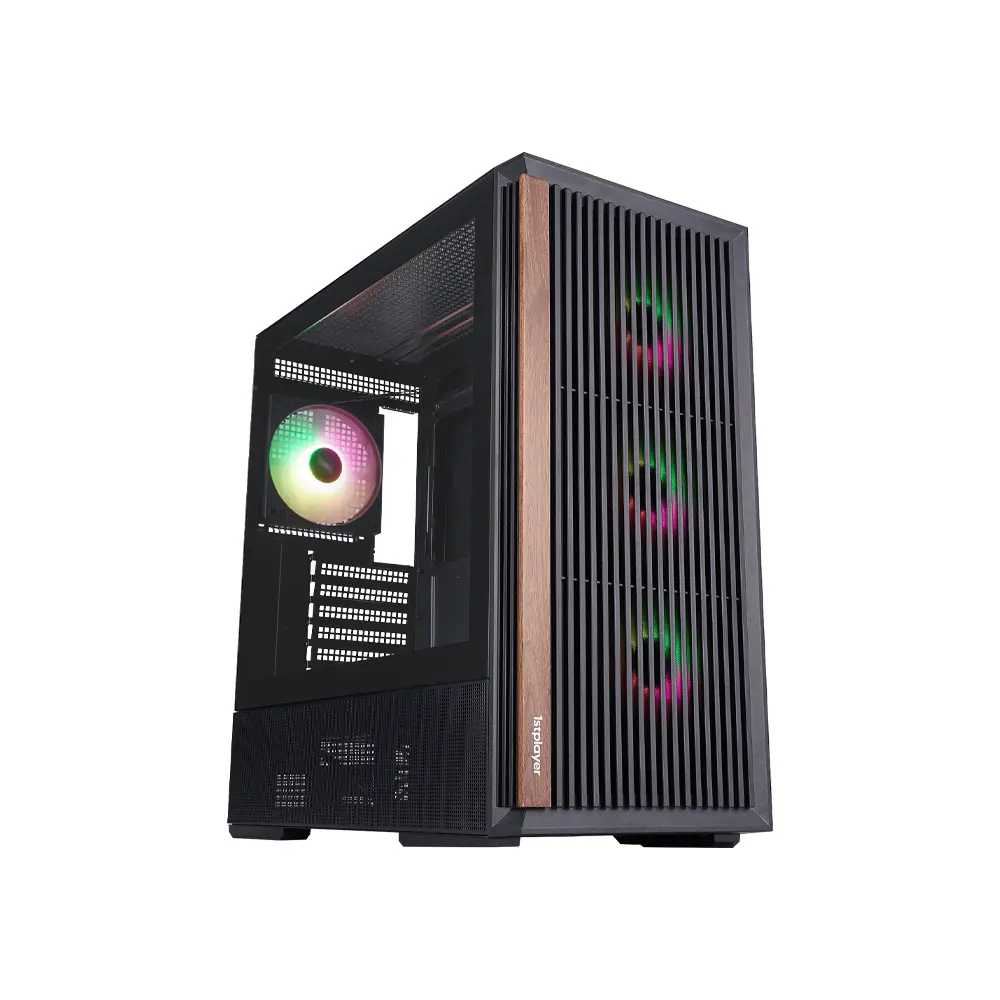 1stPlayer WD5 Middle Tower Dark Wood Black Gaming ATX Case (Support 10 Fans)