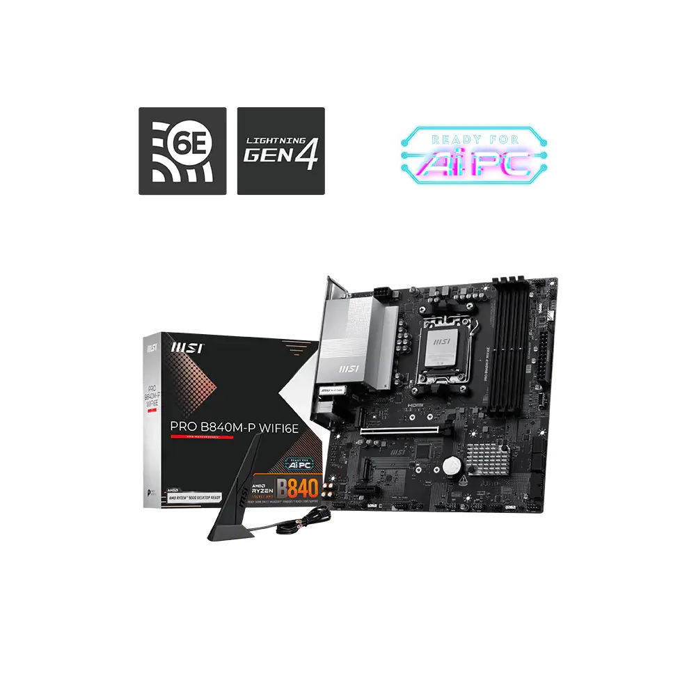 MSI PRO B840M-P, AMD B840, Socket AM5, DDR5 8000+ MHz (OC), 2.5G LAN, Wi-Fi 6E - AMD Motherboard