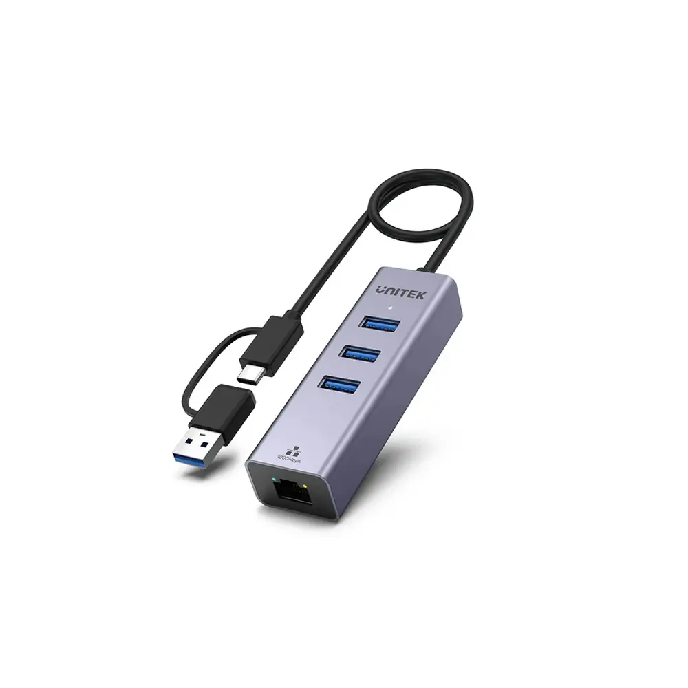 Unitek 4-in-1 Ethernet Hub USB-C Port, 1000Mbps Network Adapter, 3 USB 3.0 ports, Plug and Play - Ethernet Hub