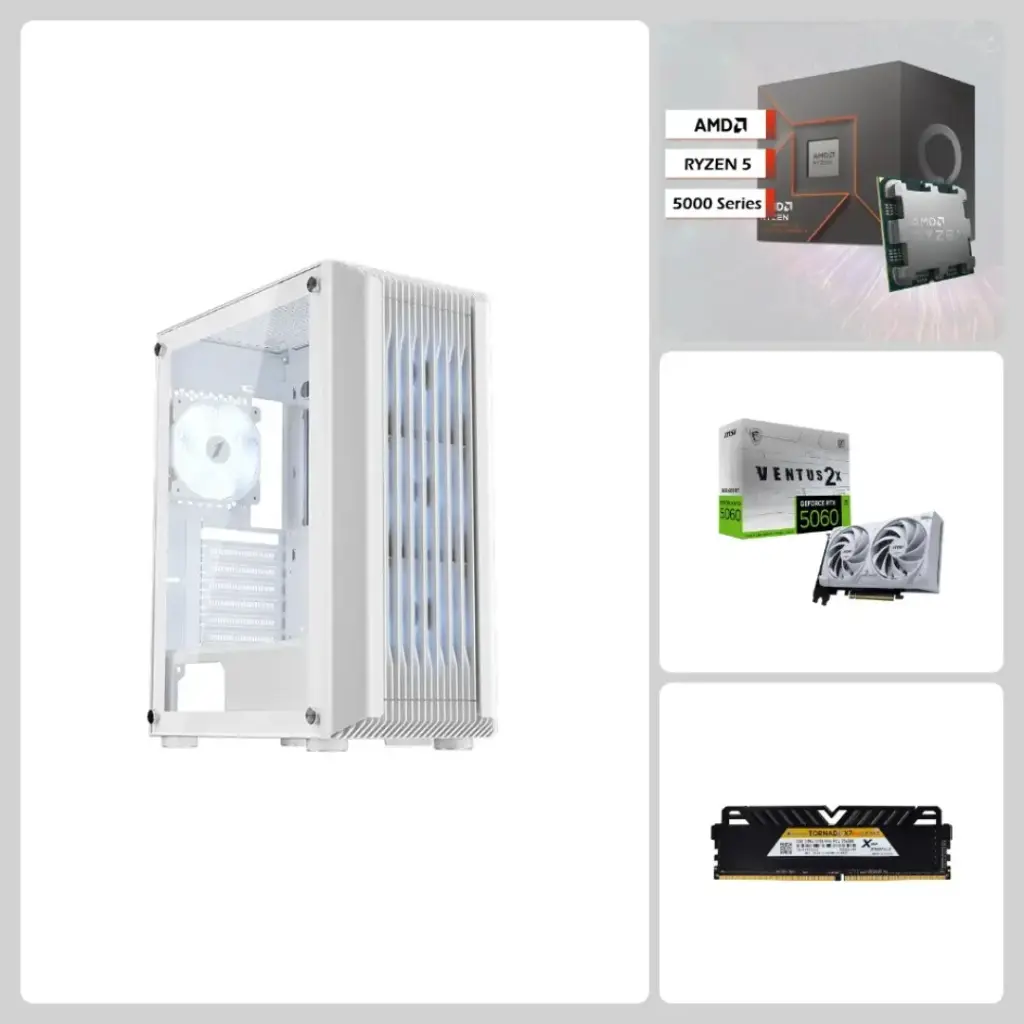 Aura White Edition Dual, RTX 5060, Ryzen 5-5500, 16GB DDR4 RAM, 512GB SSD, 1stPlayer H6 Case - Mid-Tier Gaming PC
